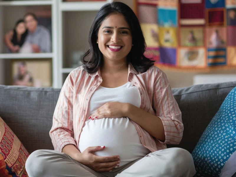 Smiling pregnant woman relaxing at home during maternity period